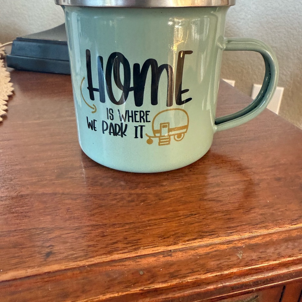 ‘ Home Is Where We Park It’ Tin Cup with Camper Design